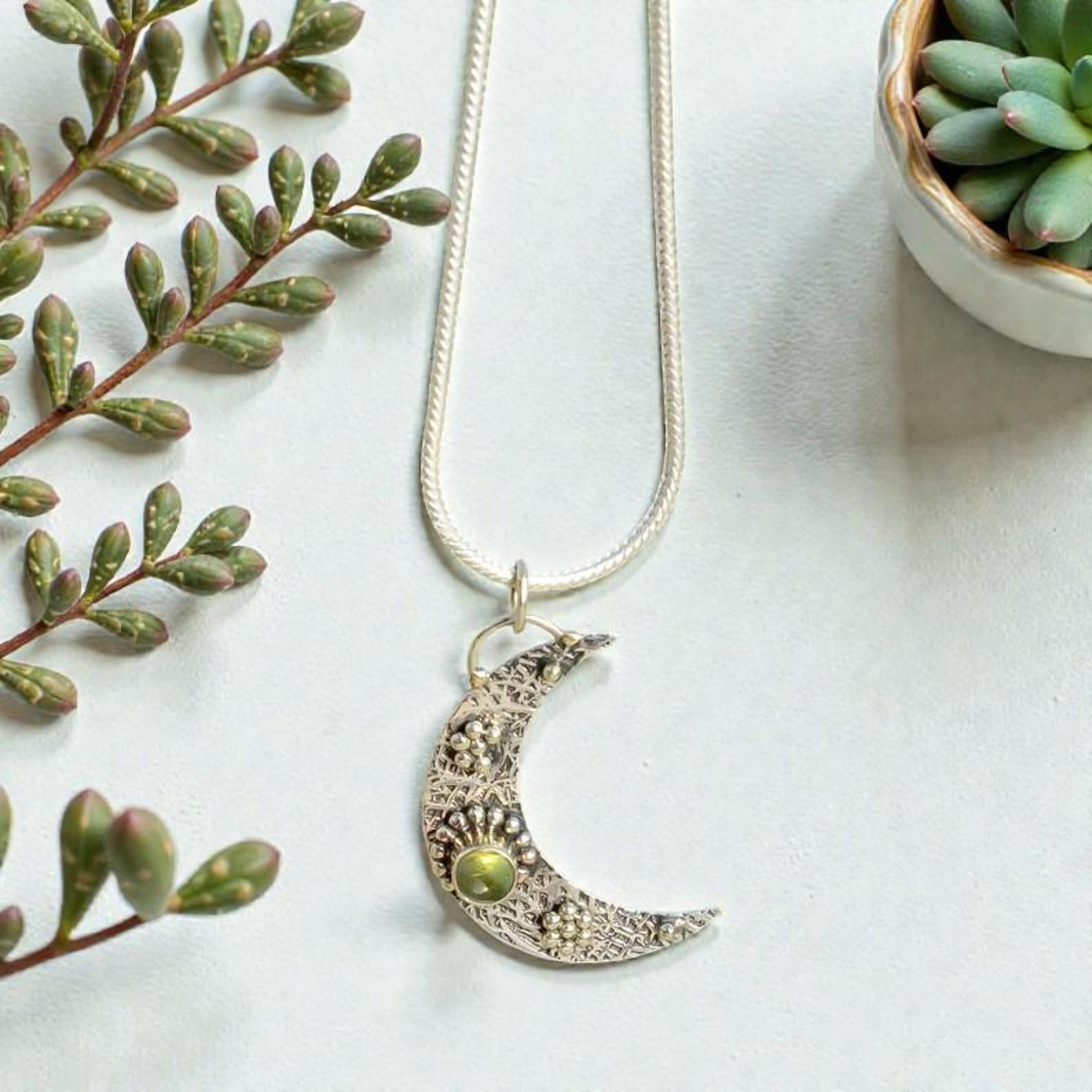 Handmade Sterling Silver Crescent Moon Pendant, Gemstone Necklace