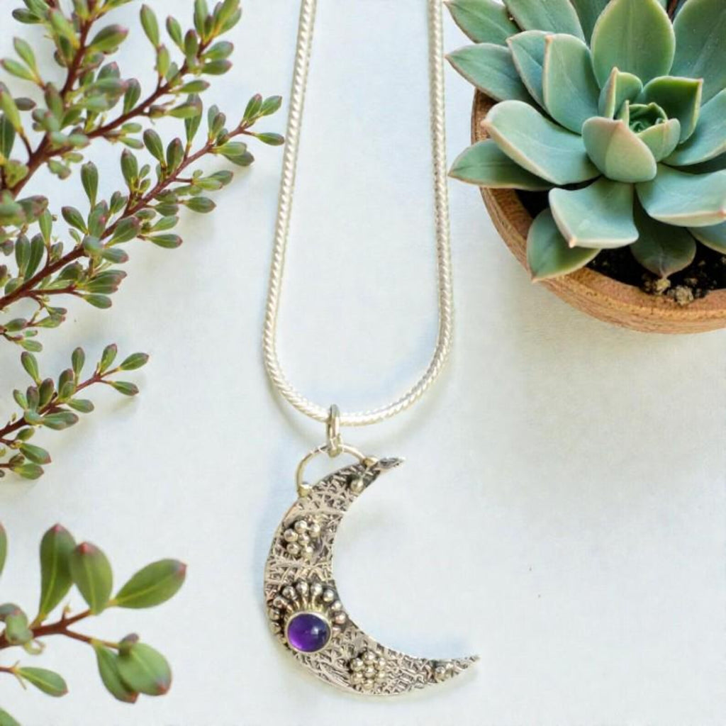 Handmade Sterling Silver Crescent Moon Pendant, Gemstone Necklace