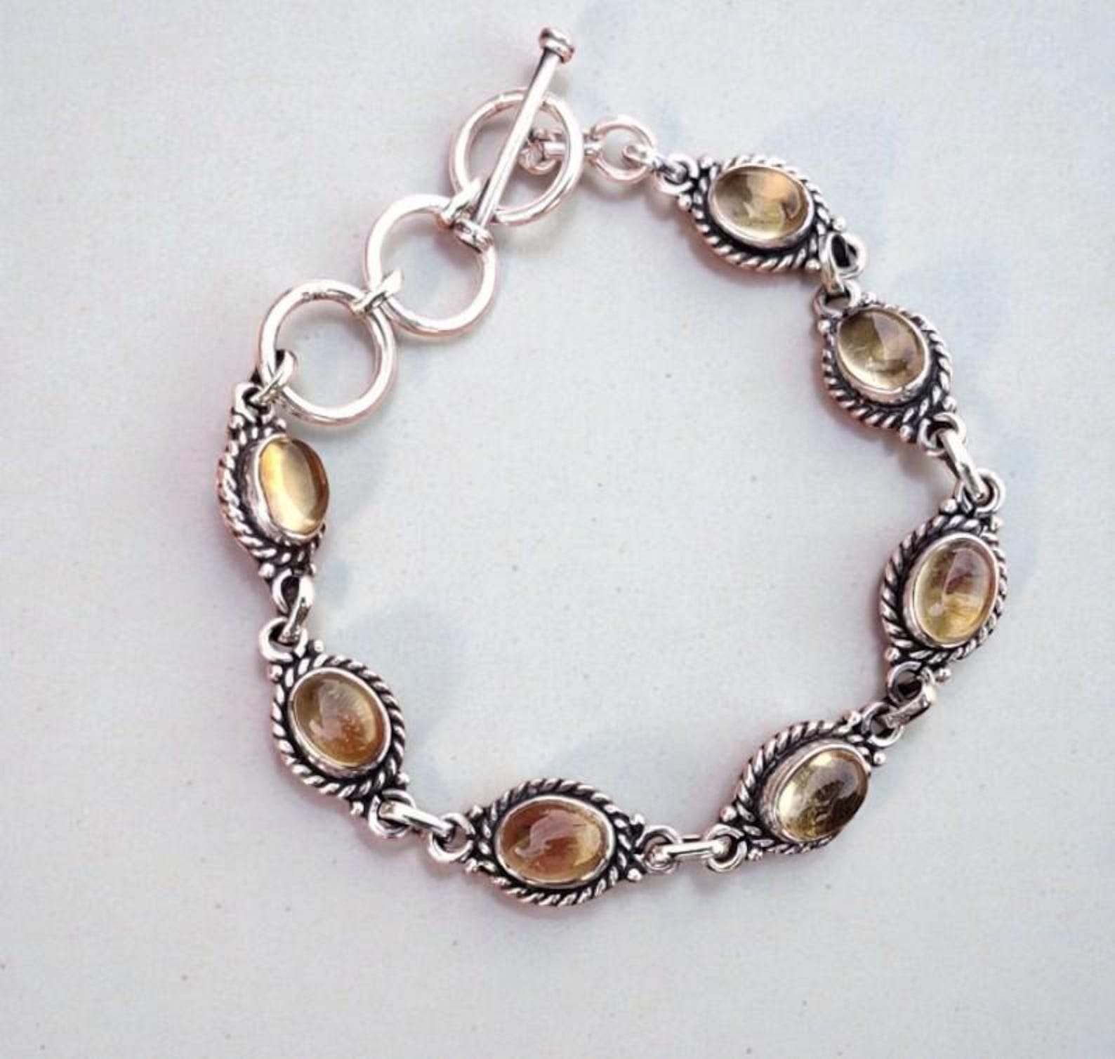 Vintage Style Citrine Sterling Silver Bracelet, Toggle Clasp