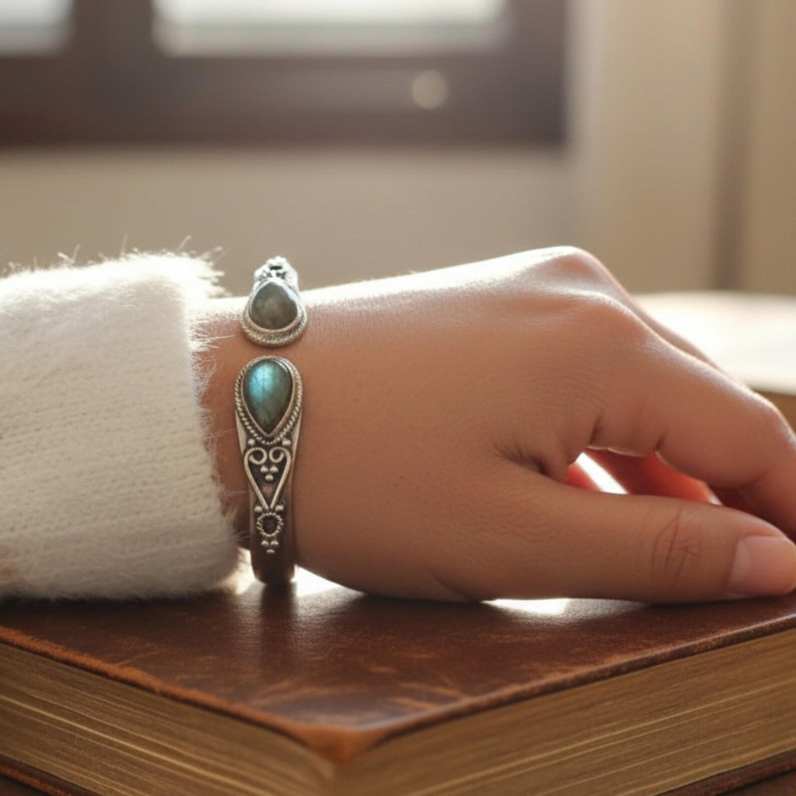 Handmade Gemstone Cuff Bracelet, Teardrop Turquoise Copper Bangle