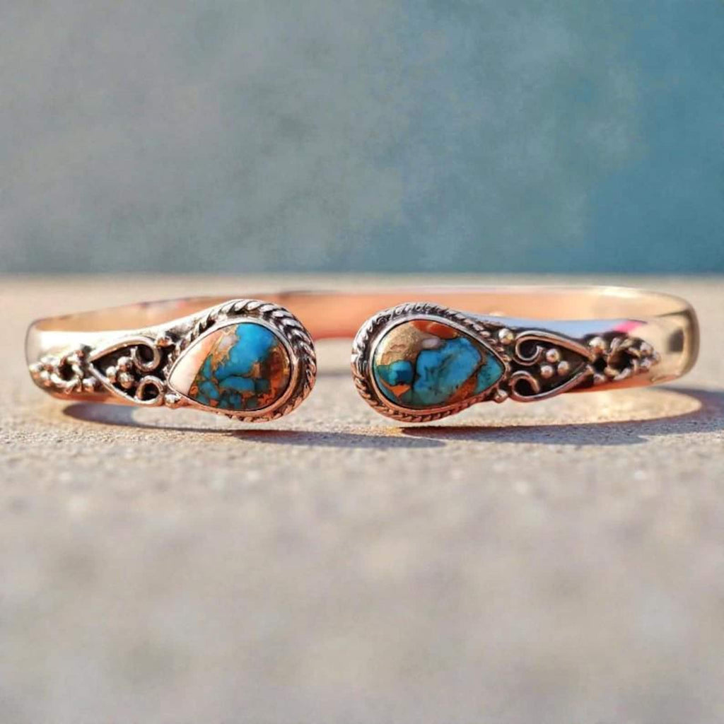 Handmade Gemstone Cuff Bracelet, Teardrop Turquoise Copper Bangle
