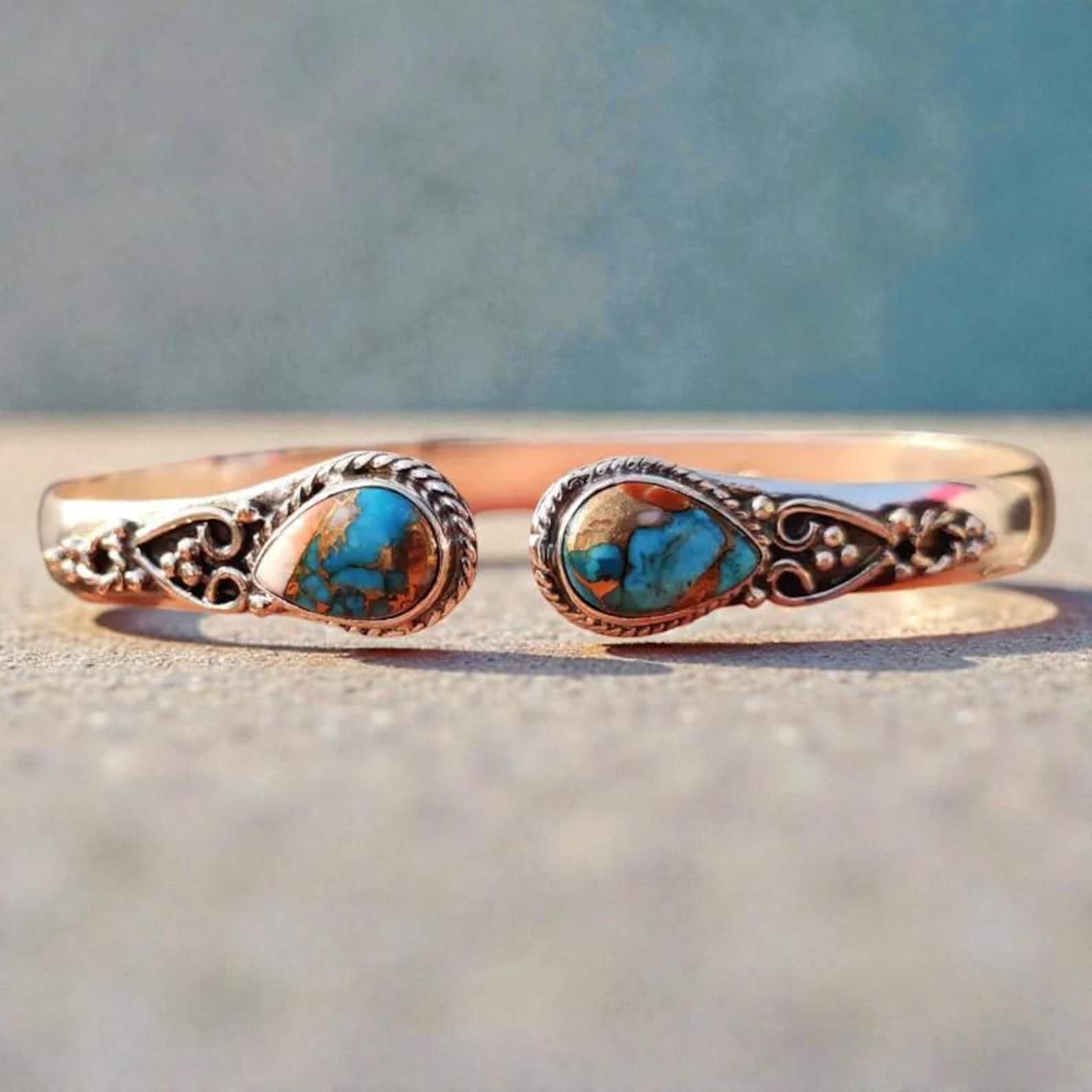Handmade Gemstone Cuff Bracelet, Teardrop Turquoise Copper Bangle