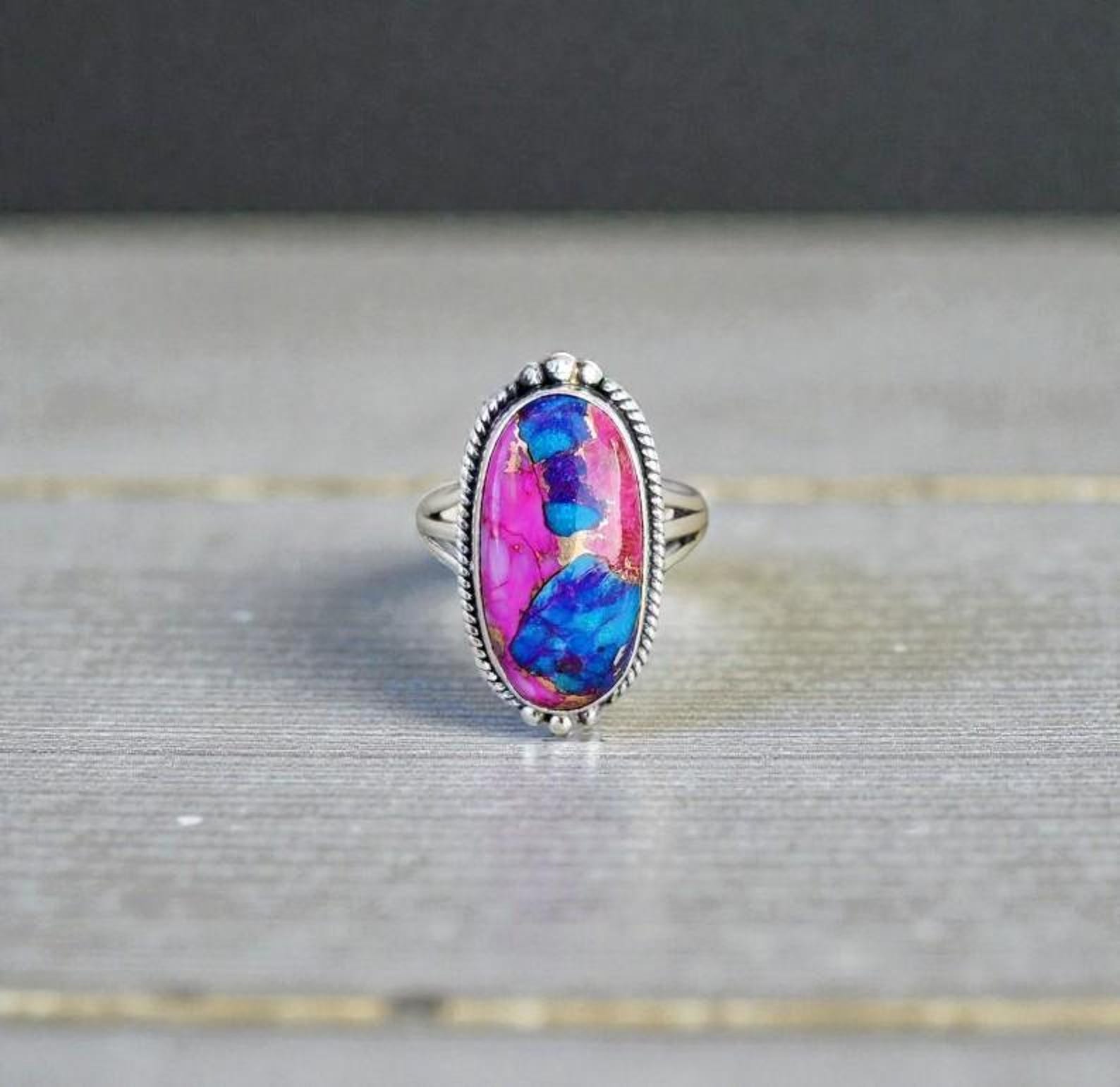 Cotton Candy Turquoise Ring, Sterling Silver Boho Statement Jewelry