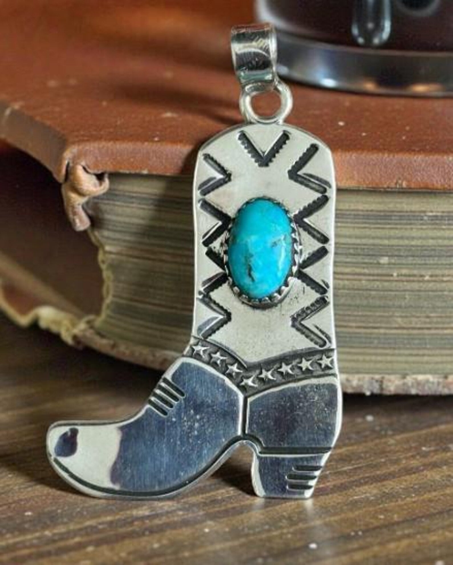 Cowboy Boot Pendant with Turquoise, Sterling Silver Southwestern Necklace
