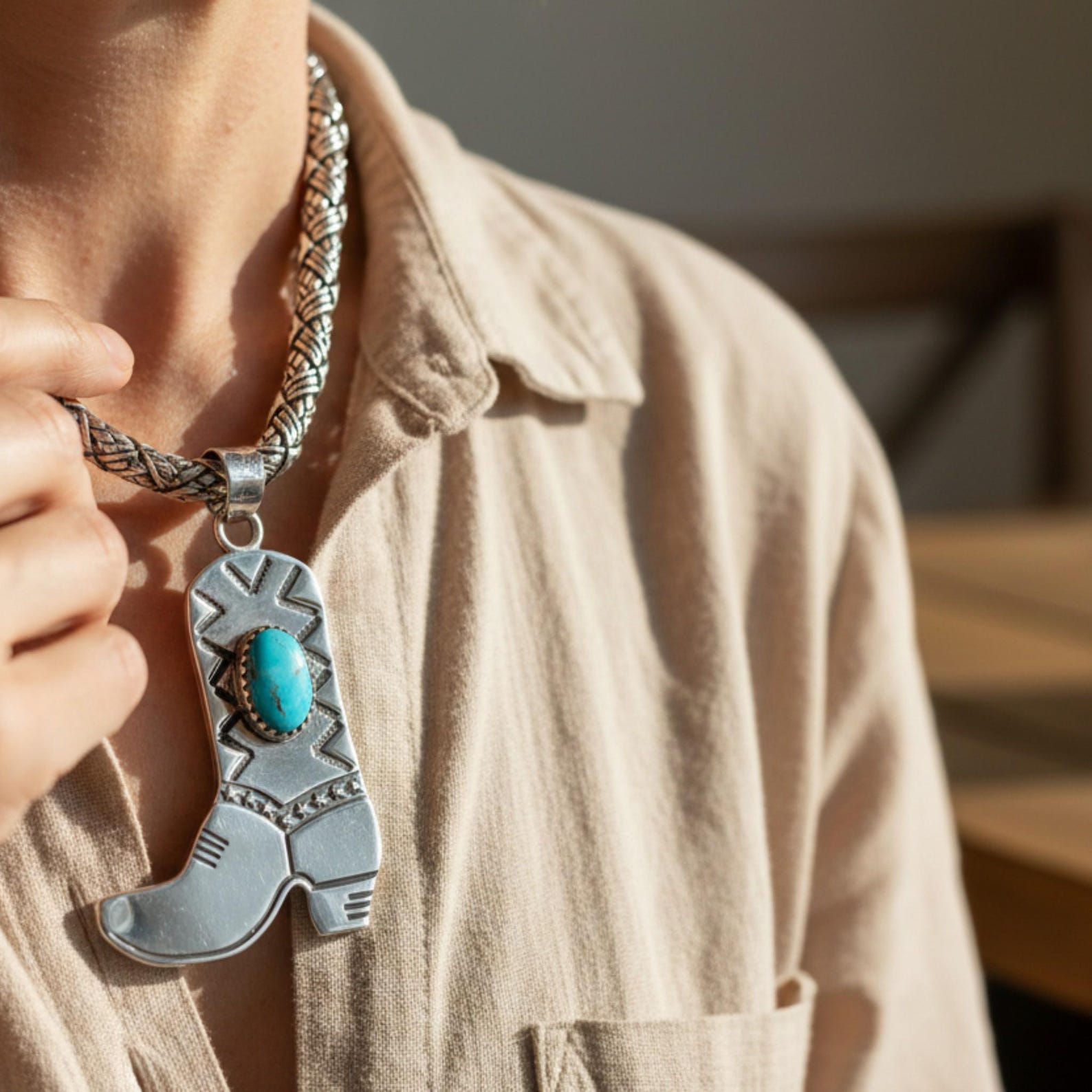 Cowboy Boot Pendant with Turquoise, Sterling Silver Southwestern Necklace