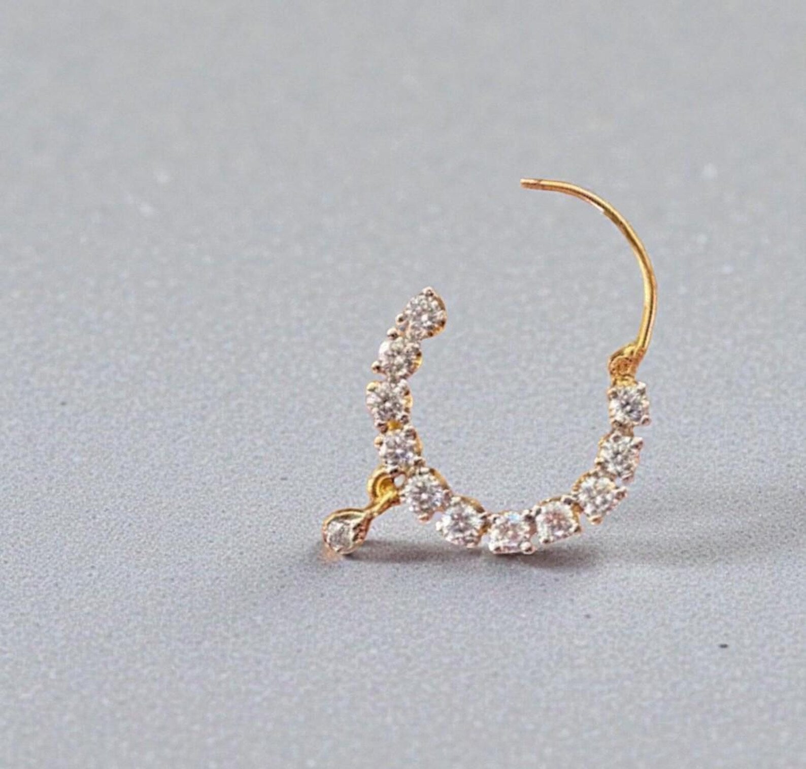 Gold Nose Ring with CZ Stones, Dainty Boho Hoop Jewelry