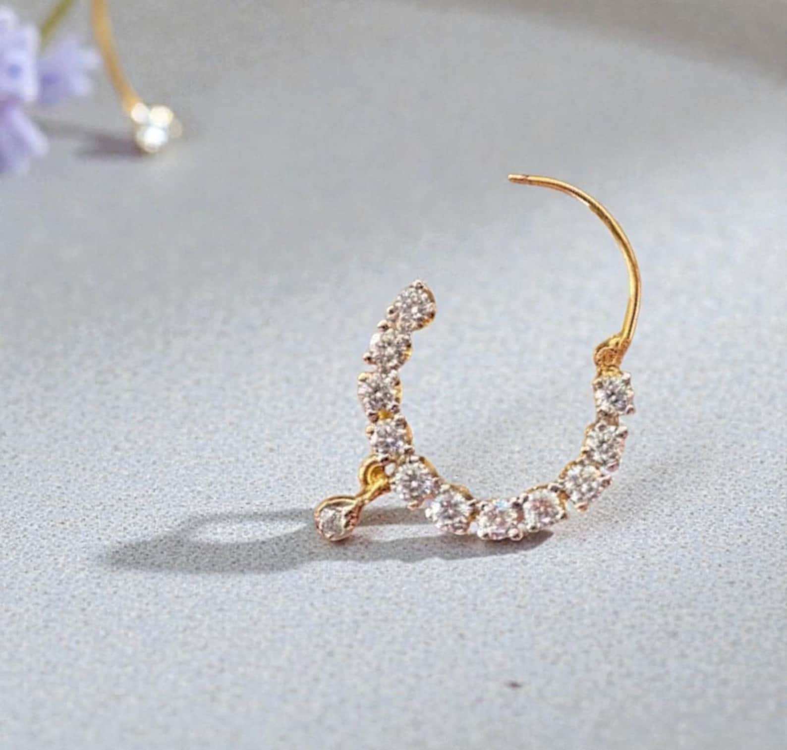 Gold Nose Ring with CZ Stones, Dainty Boho Hoop Jewelry