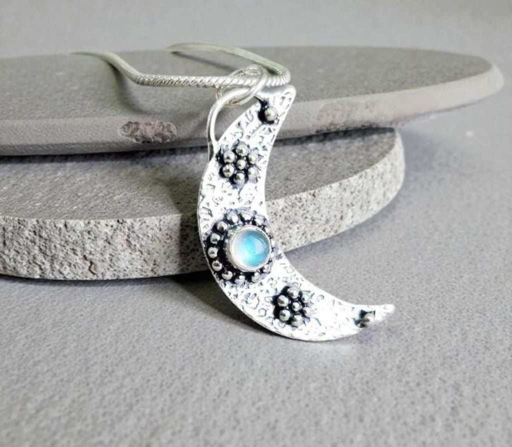 Handmade Sterling Silver Crescent Moon Pendant, Gemstone Necklace