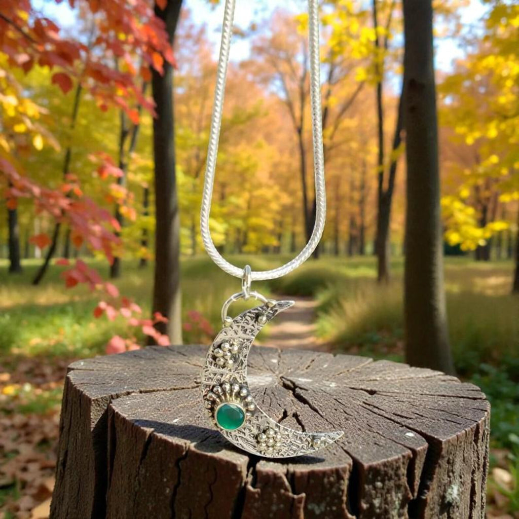 Handmade Sterling Silver Crescent Moon Pendant, Gemstone Necklace