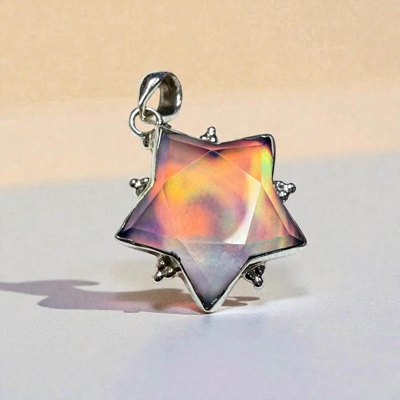 Sterling Silver Star Pendant Necklace with Iridescent Aura Opal