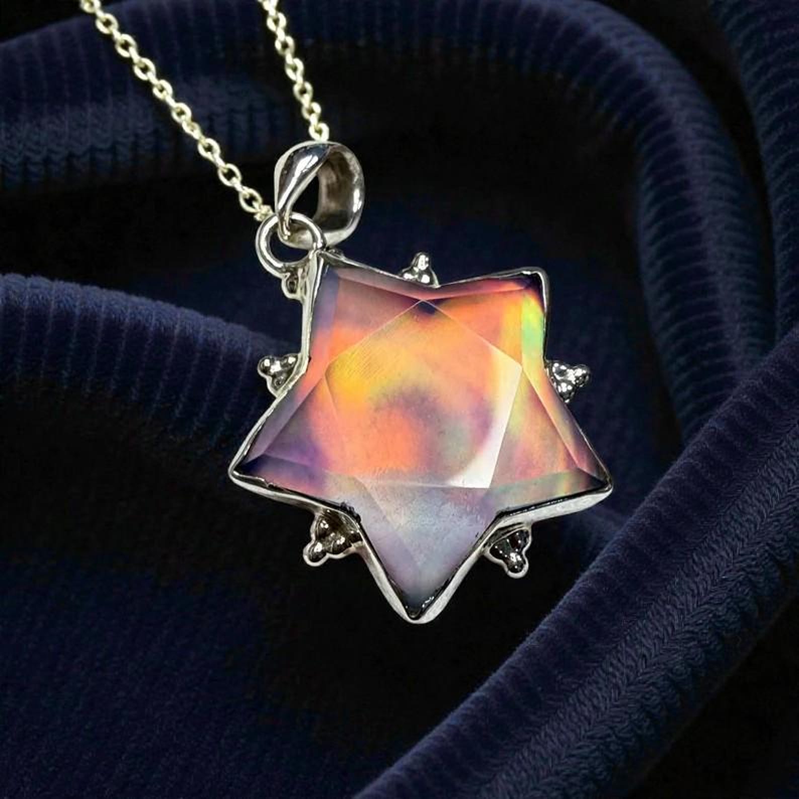 Sterling Silver Star Pendant Necklace with Iridescent Aura Opal
