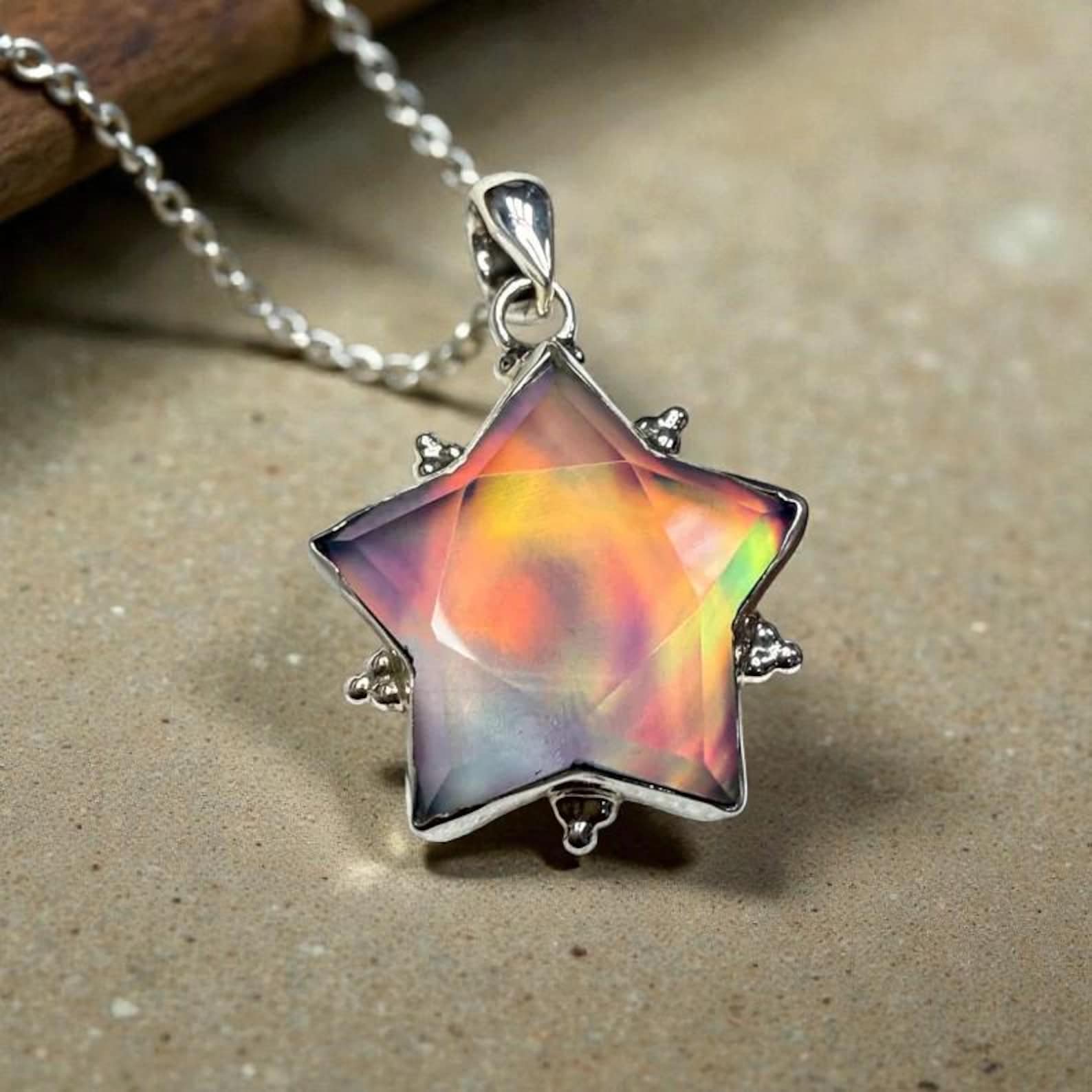 Sterling Silver Star Pendant Necklace with Iridescent Aura Opal