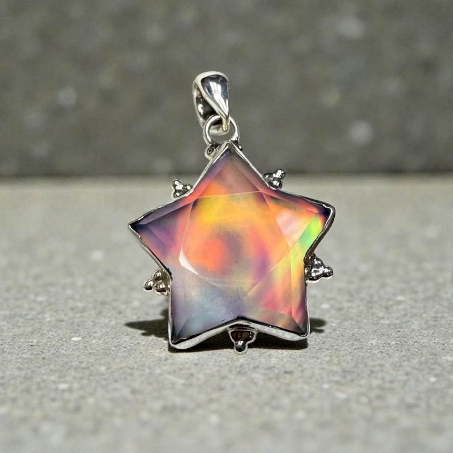 Sterling Silver Star Pendant Necklace with Iridescent Aura Opal