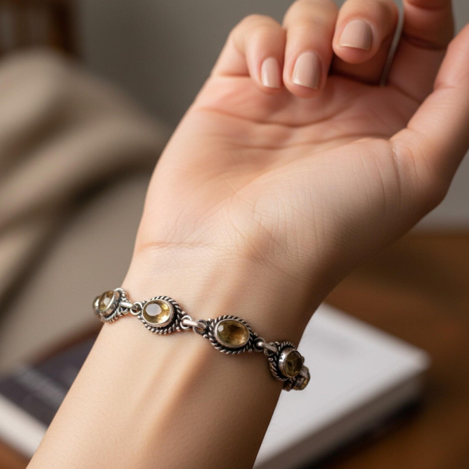 Vintage Style Citrine Sterling Silver Bracelet, Toggle Clasp