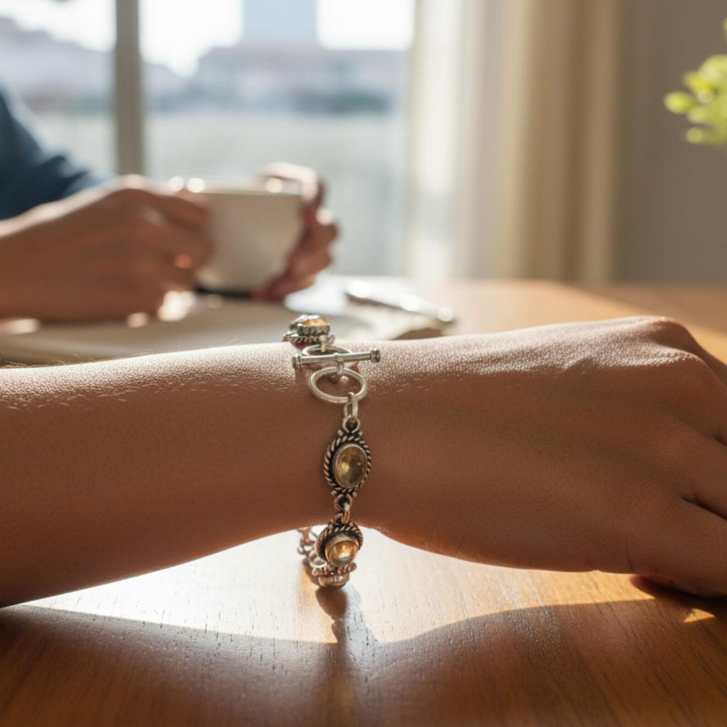 Vintage Style Citrine Sterling Silver Bracelet, Toggle Clasp