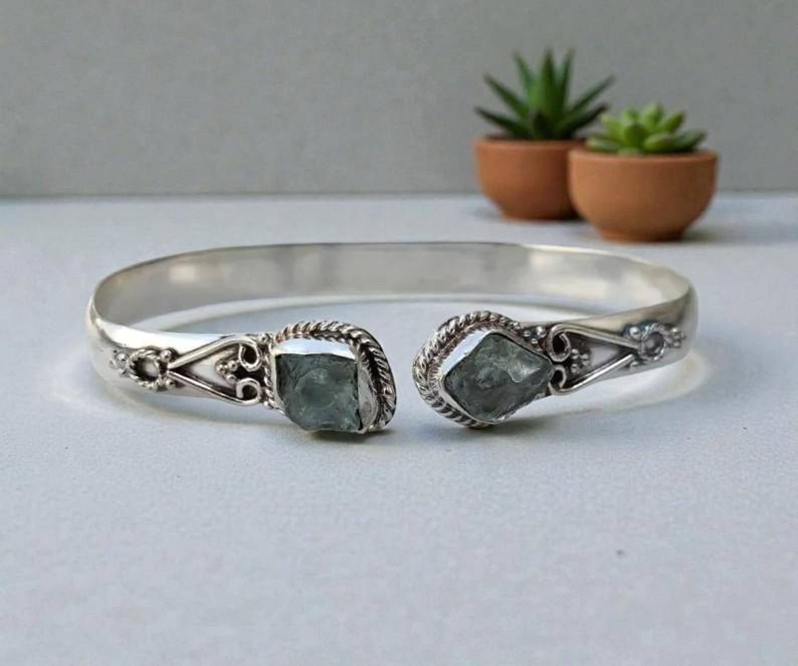 Handmade Gemstone Cuff Bracelet, Teardrop Turquoise Copper Bangle