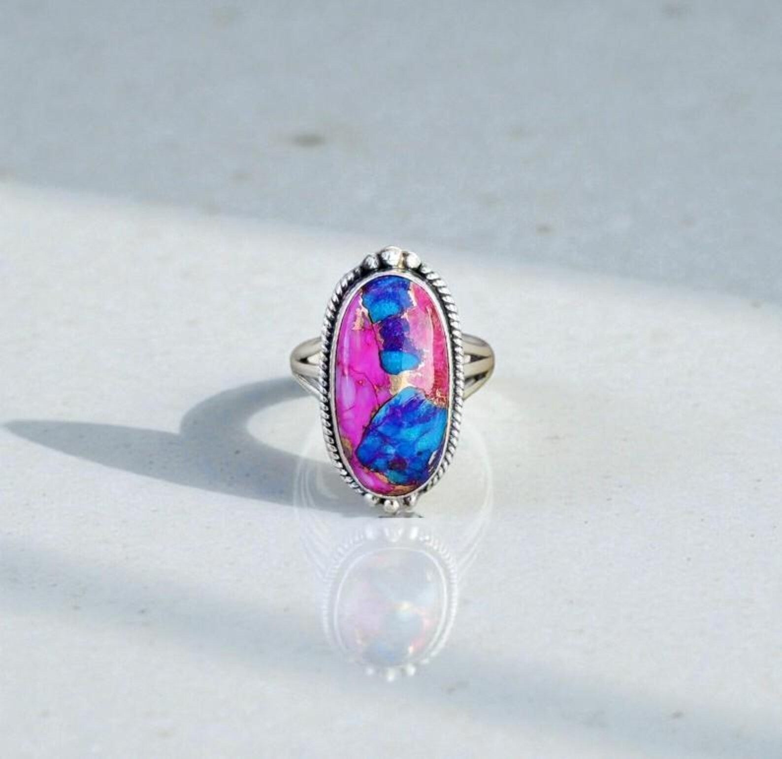 Cotton Candy Turquoise Ring, Sterling Silver Boho Statement Jewelry
