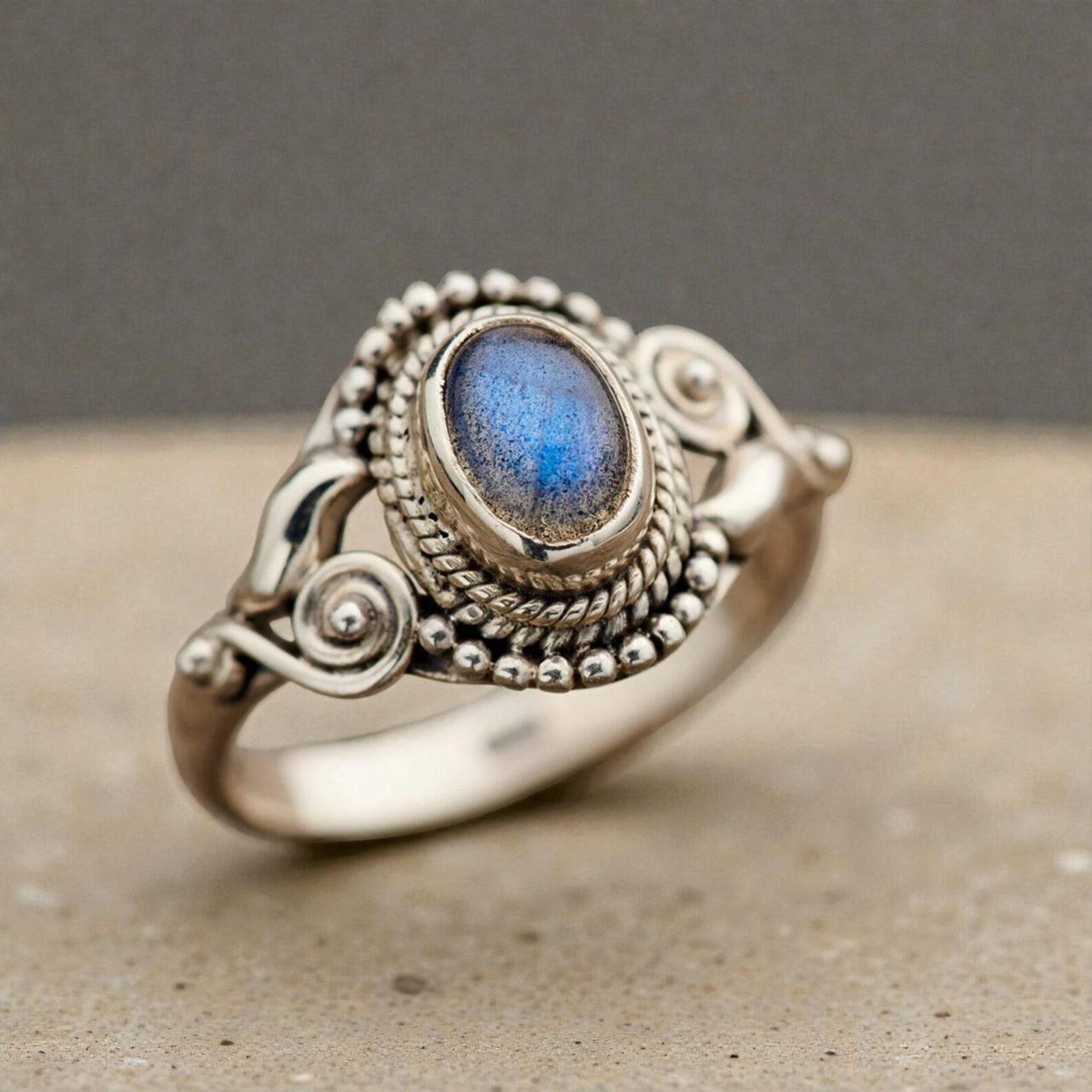 Silver Gemstone Ring with Vintage Inspired Oval Stone, Bohemian Jewelry