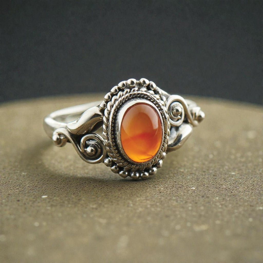 Silver Gemstone Ring with Vintage Inspired Oval Stone, Bohemian Jewelry