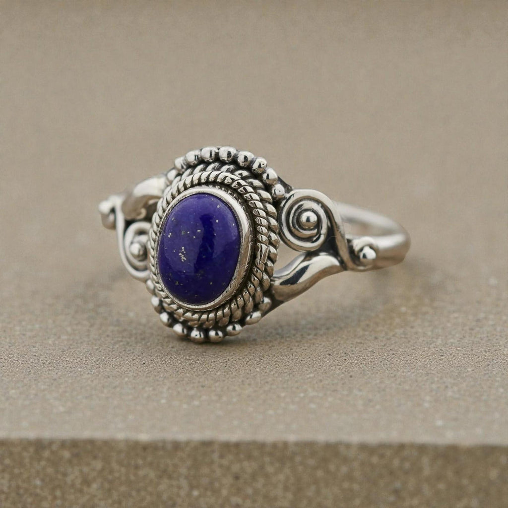 Silver Gemstone Ring with Vintage Inspired Oval Stone, Bohemian Jewelry