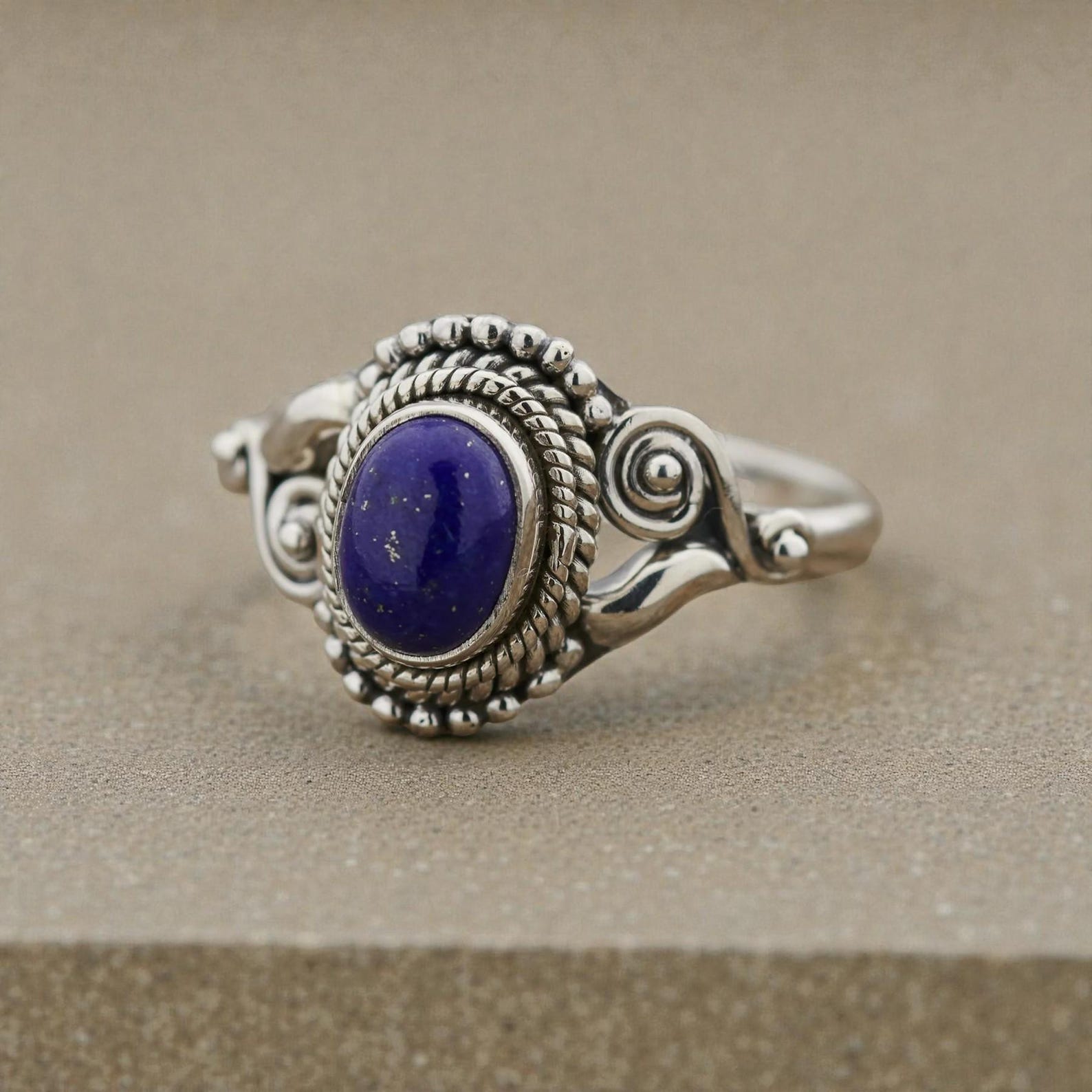 Silver Gemstone Ring with Vintage Inspired Oval Stone, Bohemian Jewelry