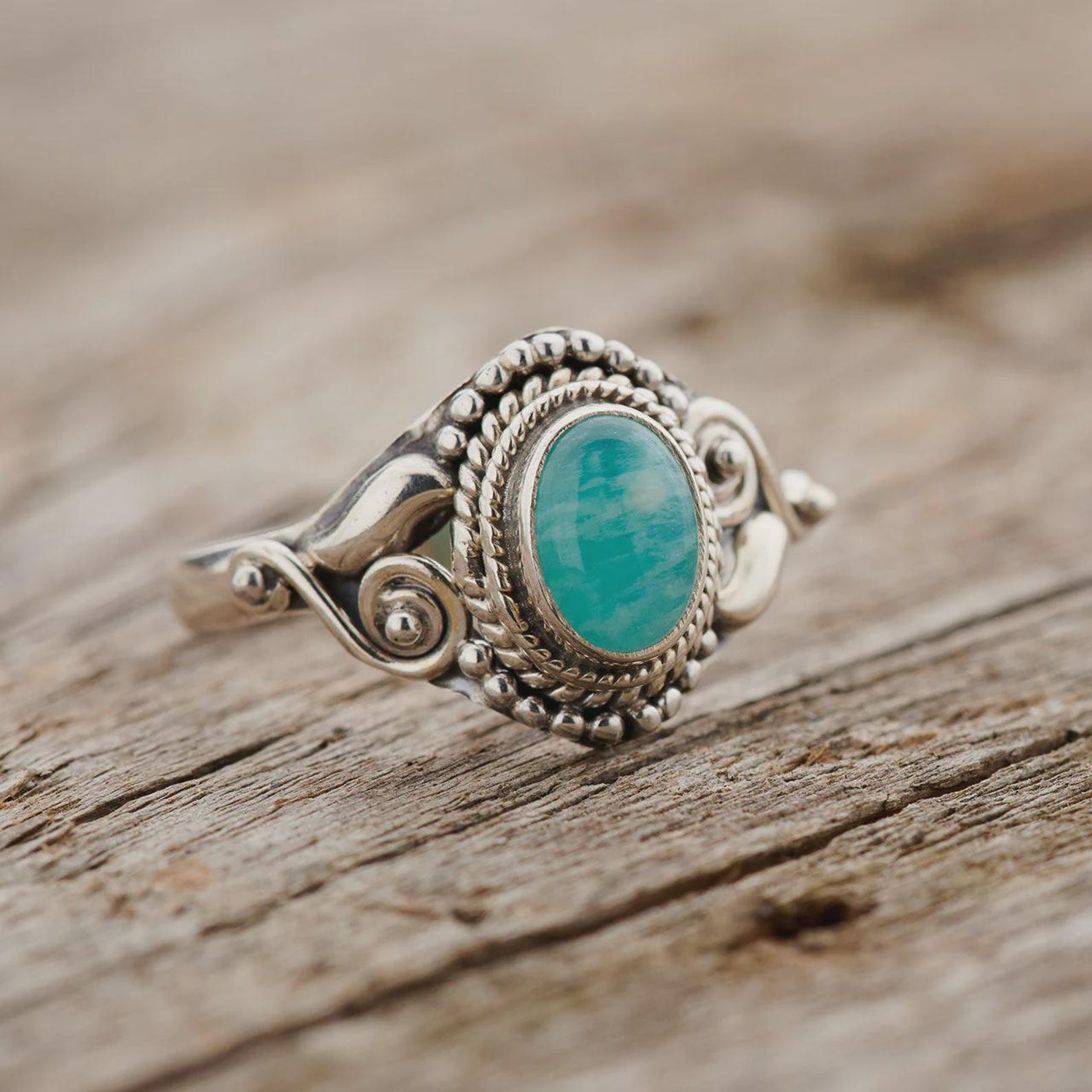 Silver Gemstone Ring with Vintage Inspired Oval Stone, Bohemian Jewelry