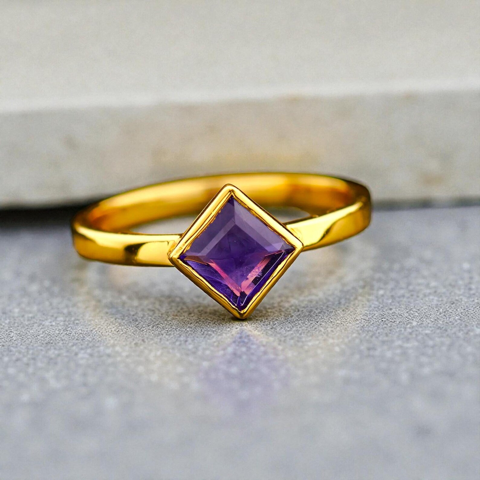 Gold Plated Silver Gemstone Ring - Square Cut Gem Ring - Minimalist Style - Rings for Women - Available in Multiple Gemstones!