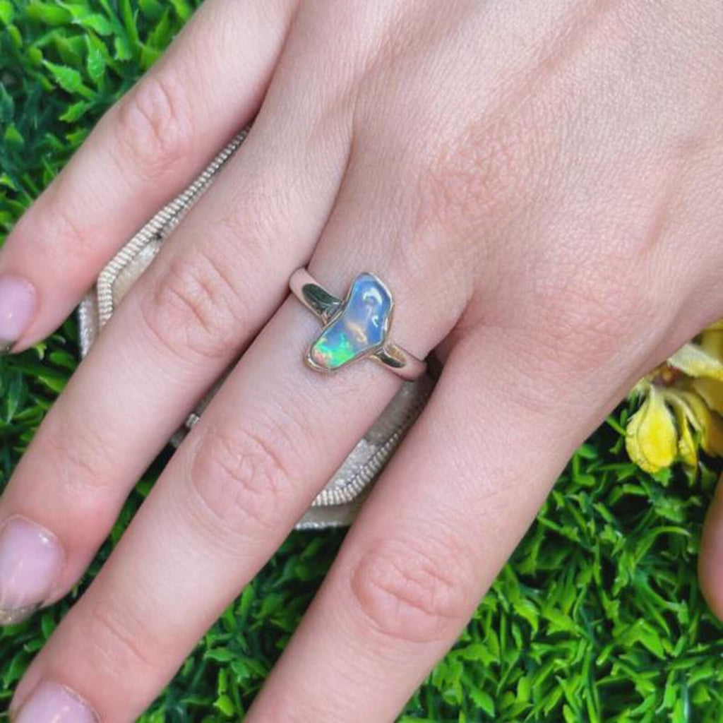 Ethiopian Opal Ring, Raw Gemstone Set in Polished Silver