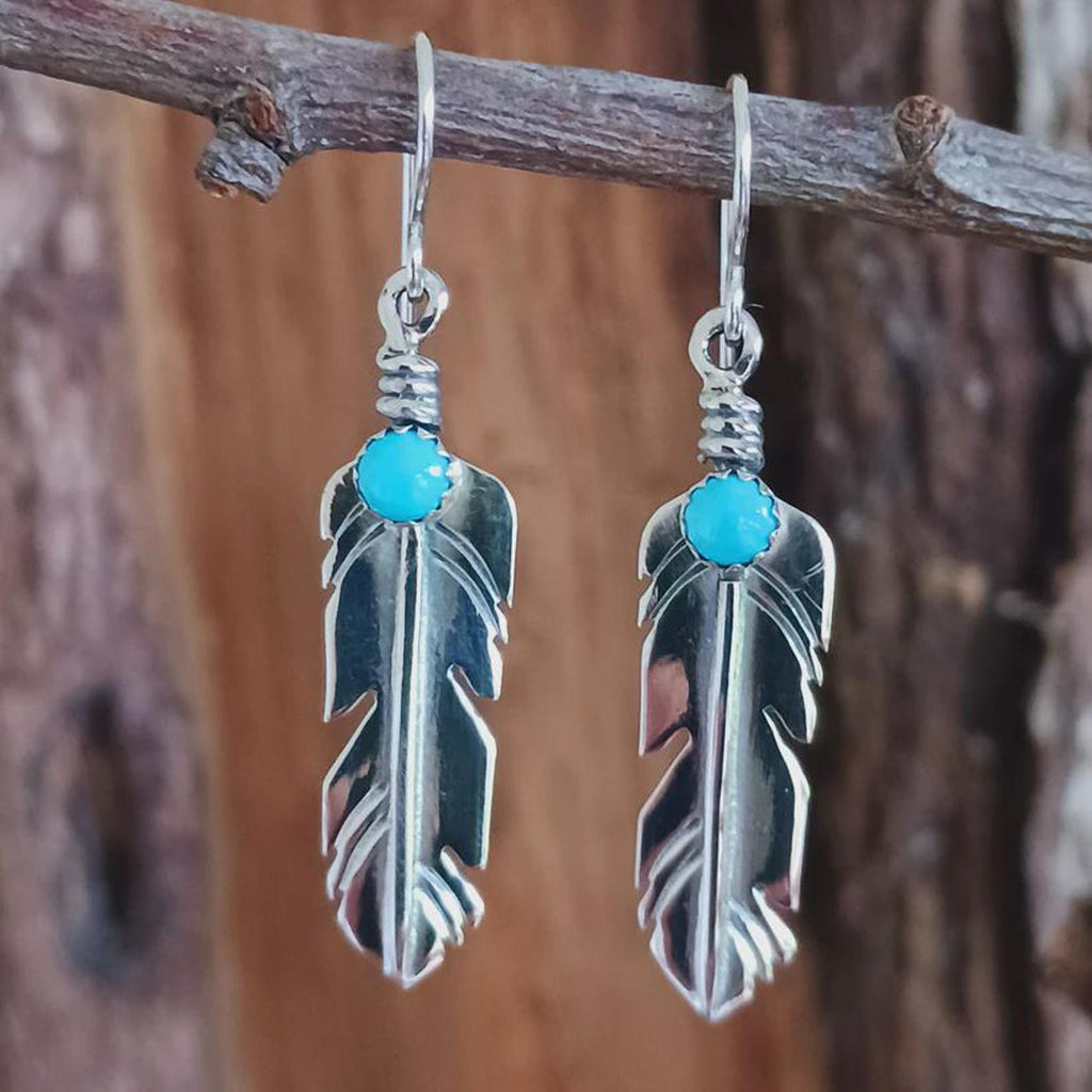 Turquoise Feather Earrings, Sterling Silver Dangles in Southwestern Style
