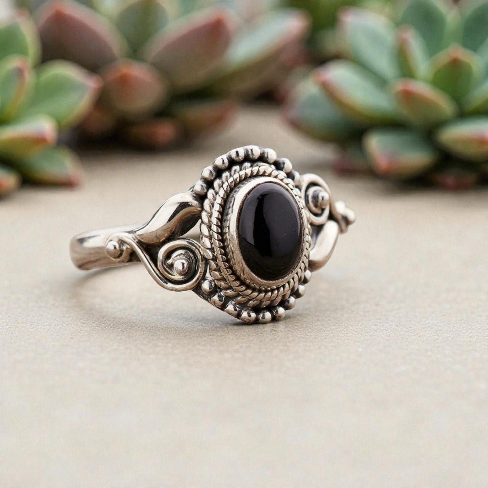 Silver Gemstone Ring with Vintage Inspired Oval Stone, Bohemian Jewelry