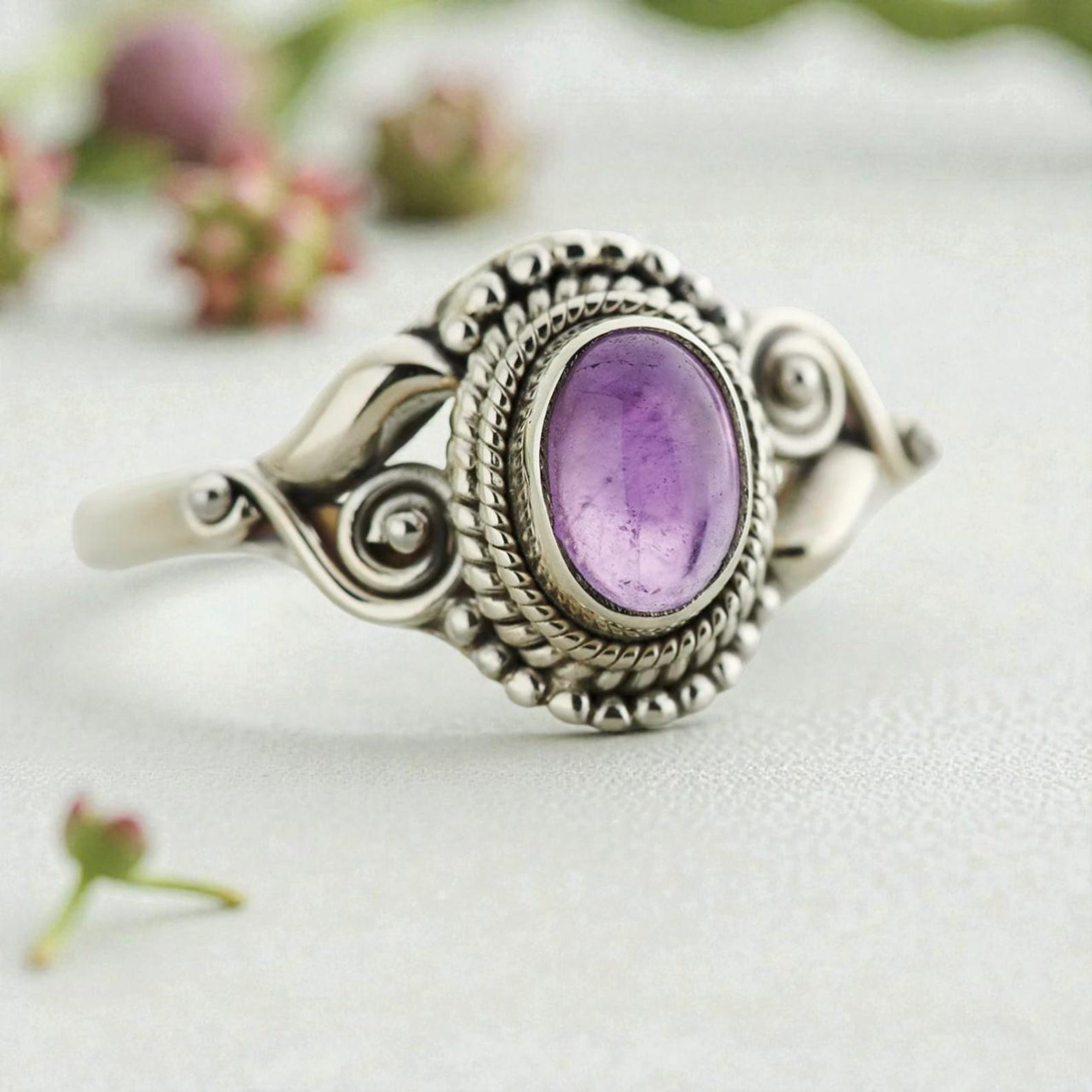 Silver Gemstone Ring with Vintage Inspired Oval Stone, Bohemian Jewelry