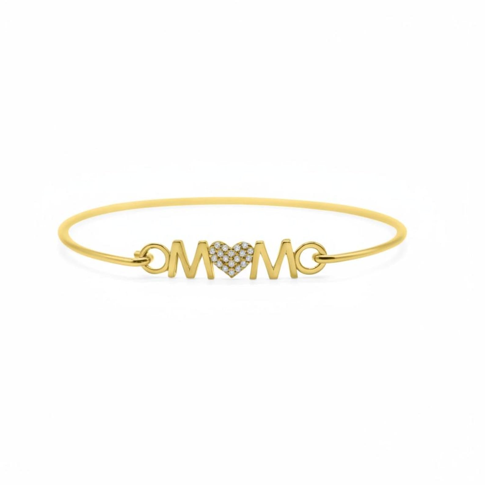 Mom Heart Bracelet, Sterling Silver or Rose Gold Bangle with Cubic Zirconia