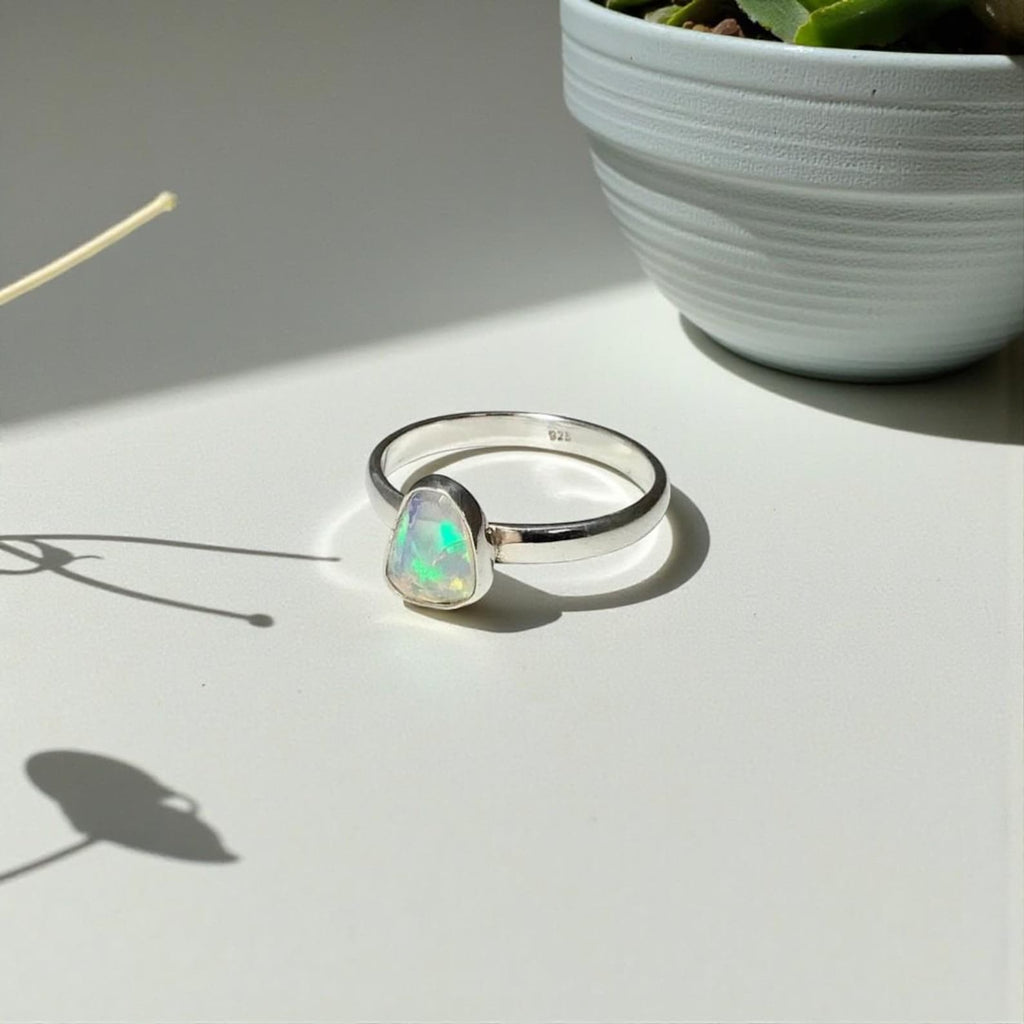 Ethiopian Opal Ring, Raw Gemstone Set in Polished Silver