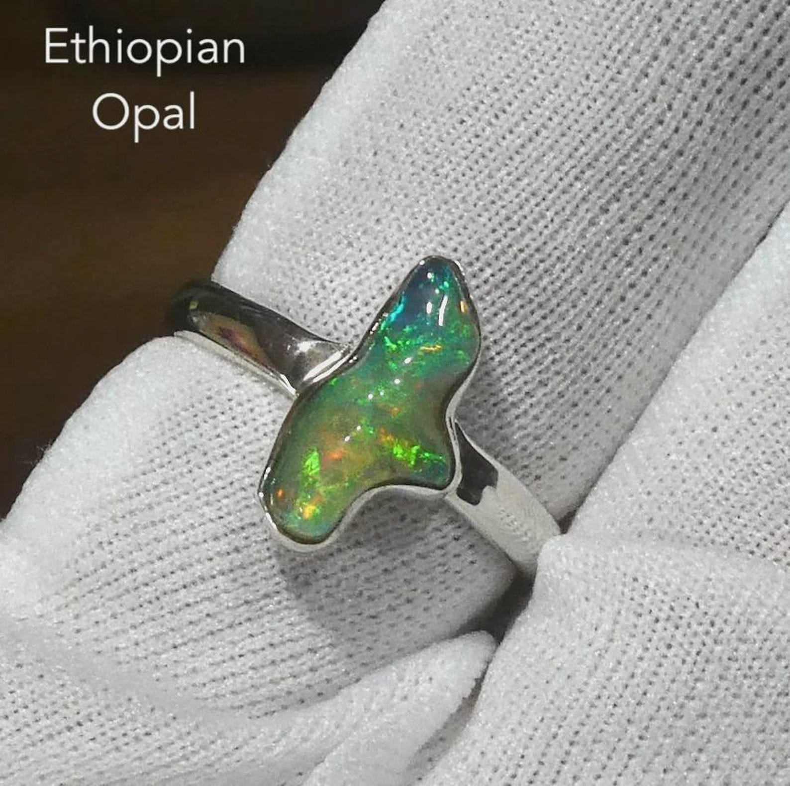 Ethiopian Opal Ring, Raw Gemstone Set in Polished Silver