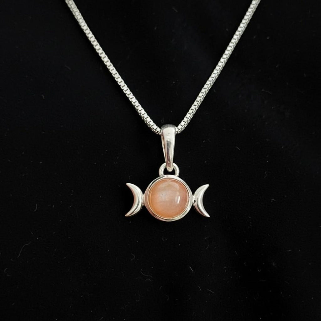 Triple Moon Necklace, Sterling Silver Pendant with Natural Gemstone