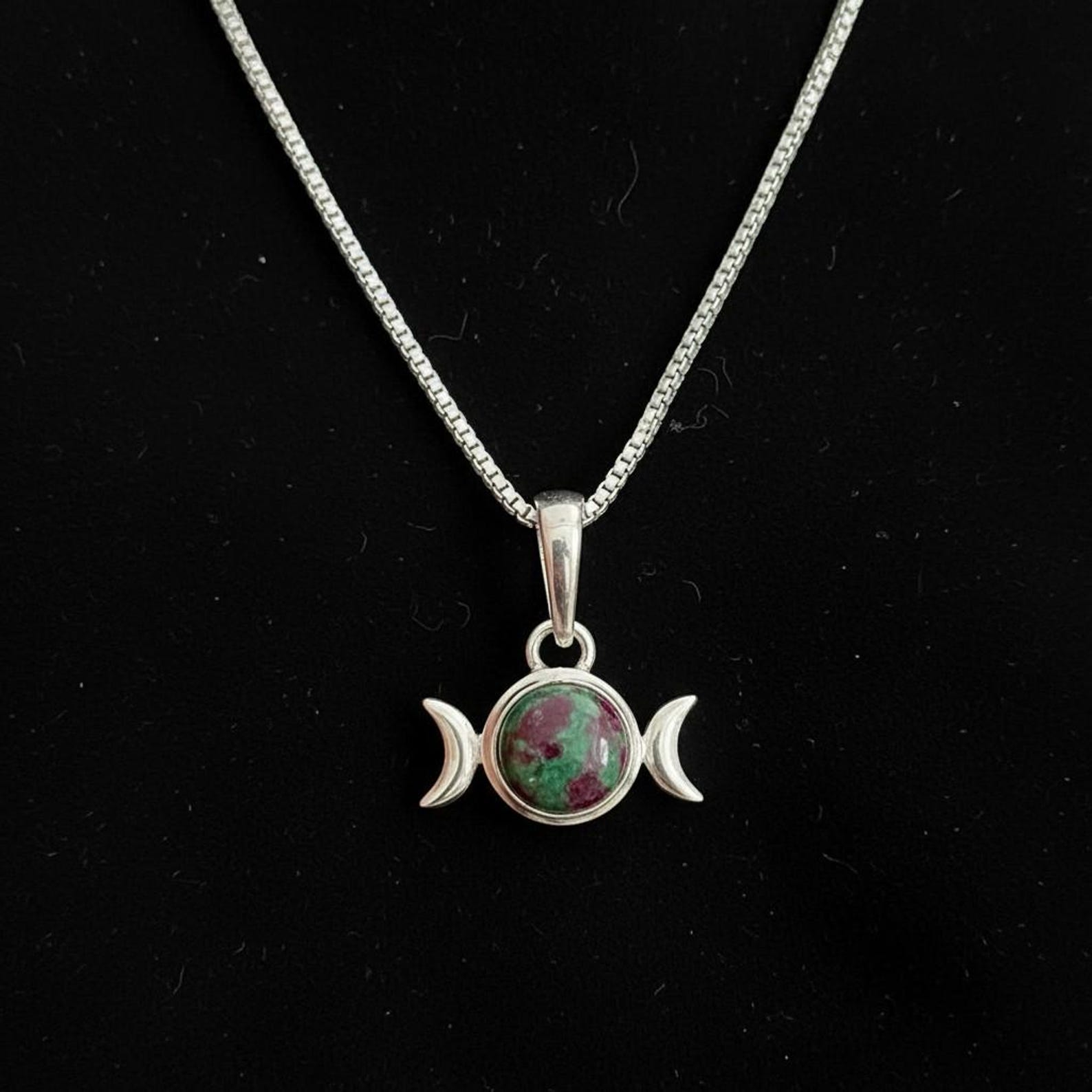 Triple Moon Necklace, Sterling Silver Pendant with Natural Gemstone