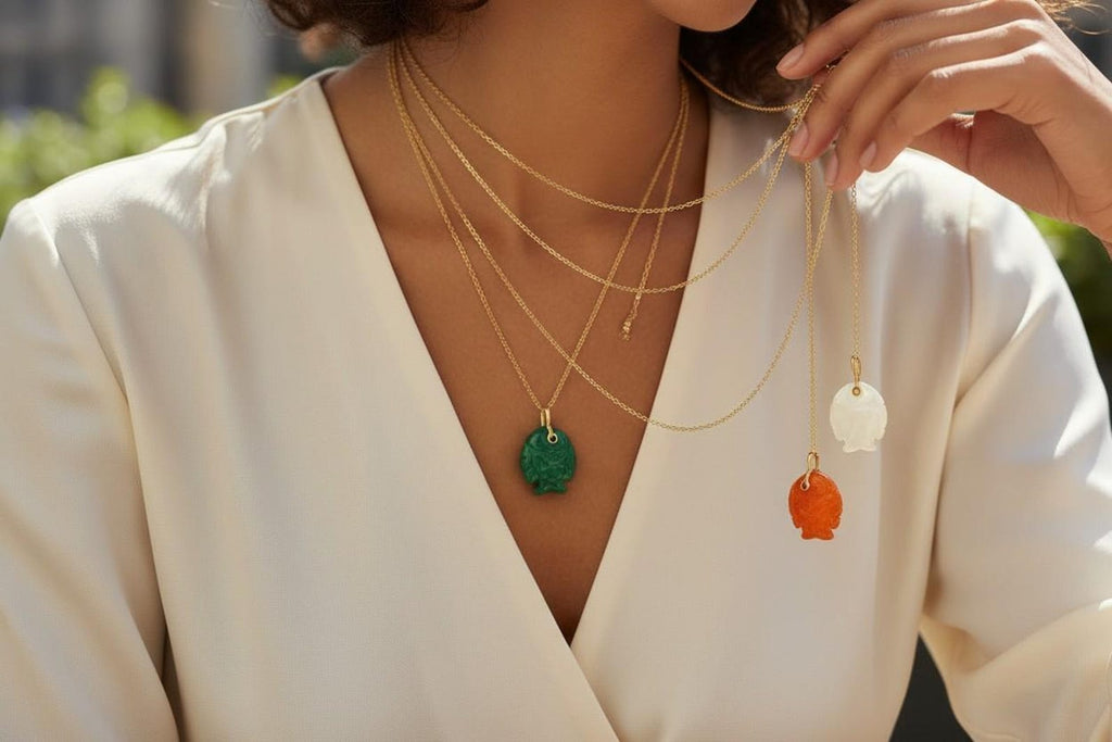 Fish Pendant Necklace, Carved Gemstone with 18K Gold Plated Chain