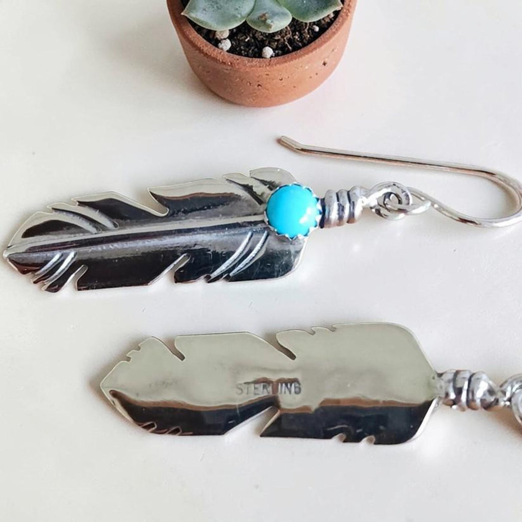 Turquoise Feather Earrings, Sterling Silver Dangles in Southwestern Style