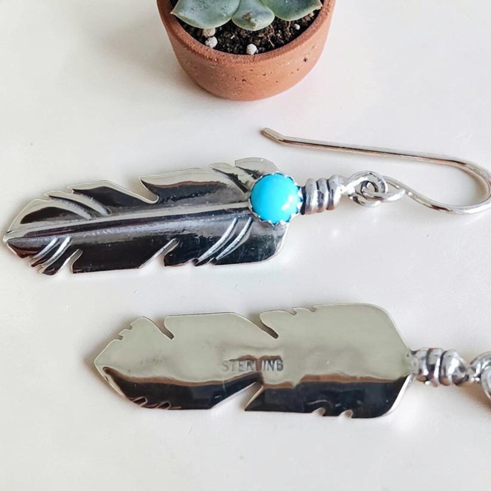 Turquoise Feather Earrings, Sterling Silver Dangles in Southwestern Style