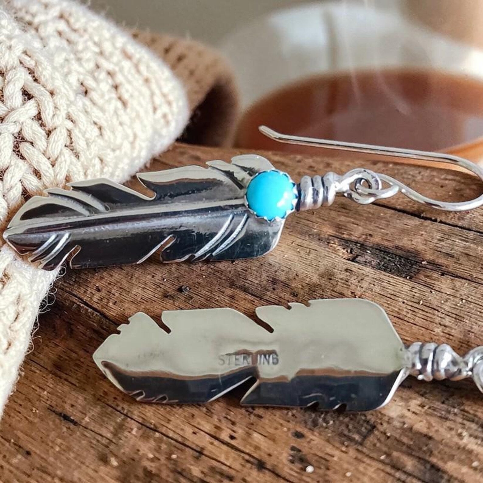 Turquoise Feather Earrings, Sterling Silver Dangles in Southwestern Style