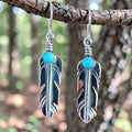 Turquoise Feather Earrings, Sterling Silver Dangles in Southwestern Style