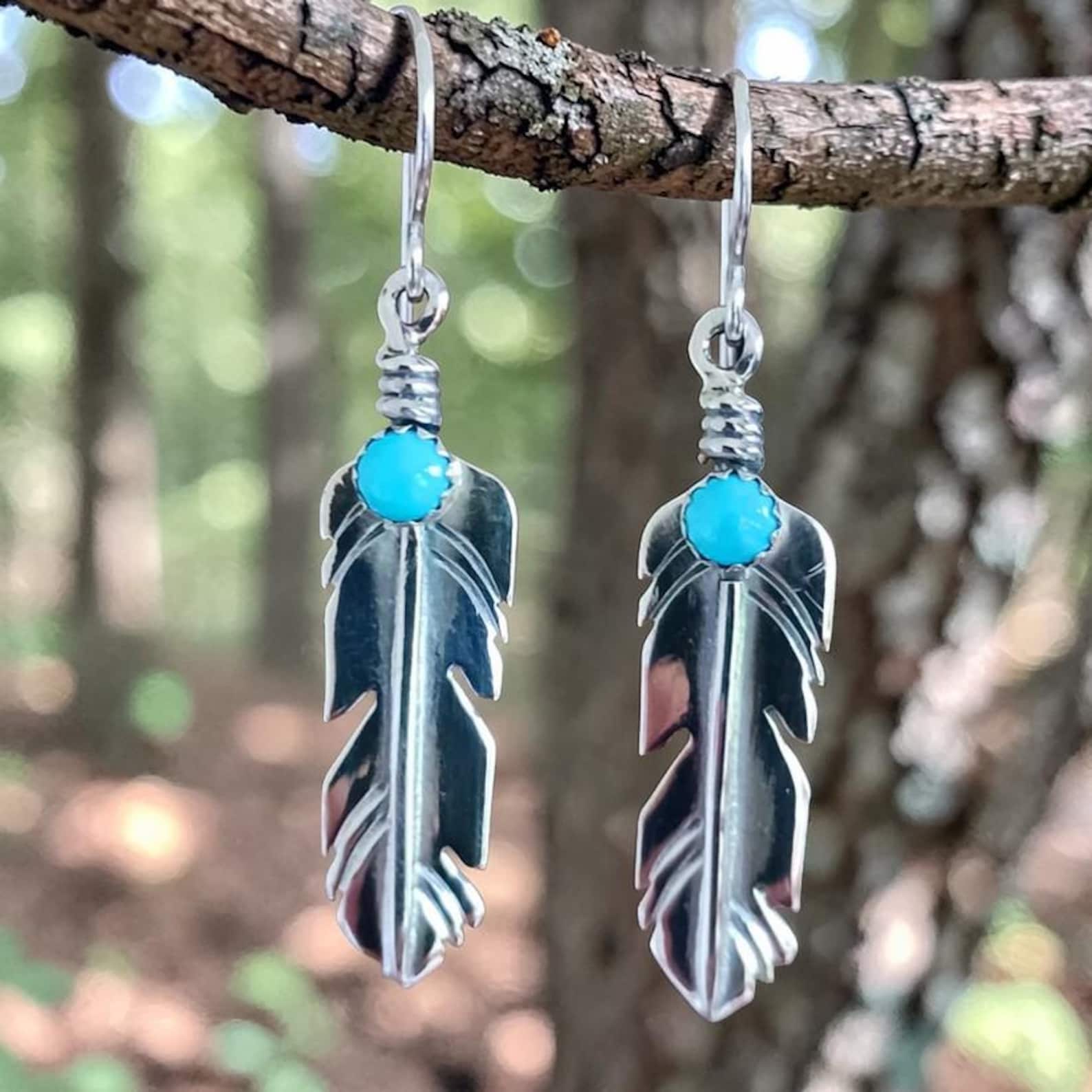 Turquoise Feather Earrings, Sterling Silver Dangles in Southwestern Style