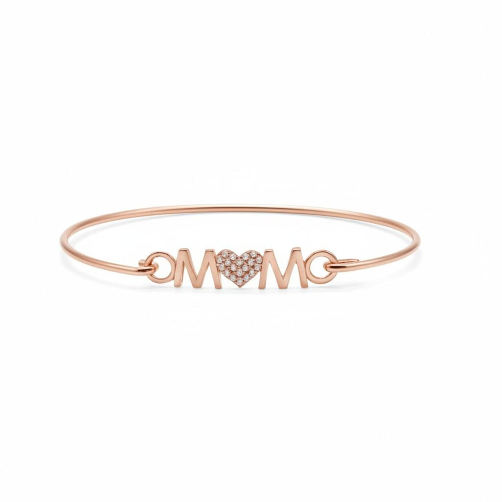 Mom Heart Bracelet, Sterling Silver or Rose Gold Bangle with Cubic Zirconia