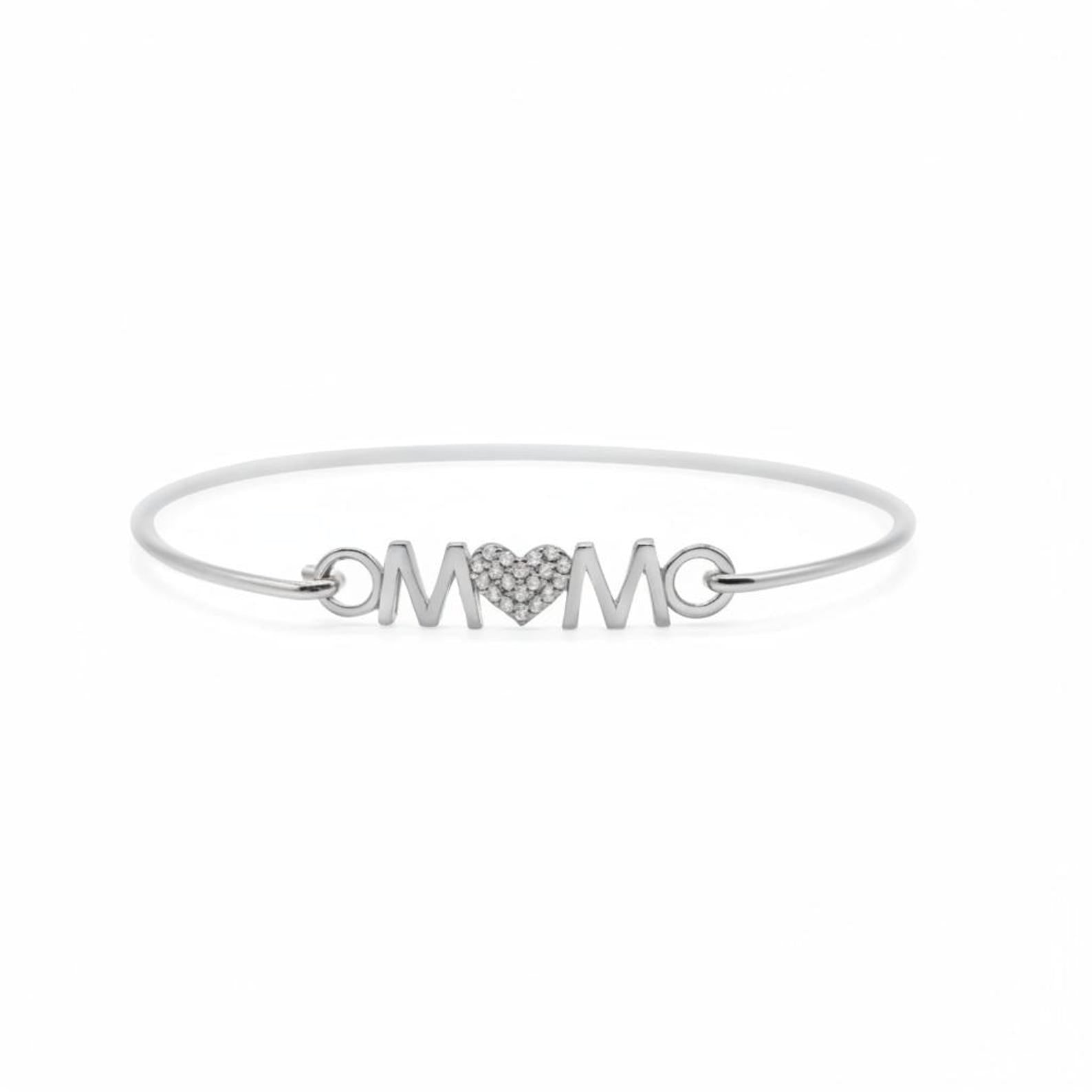 Mom Heart Bracelet, Sterling Silver or Rose Gold Bangle with Cubic Zirconia