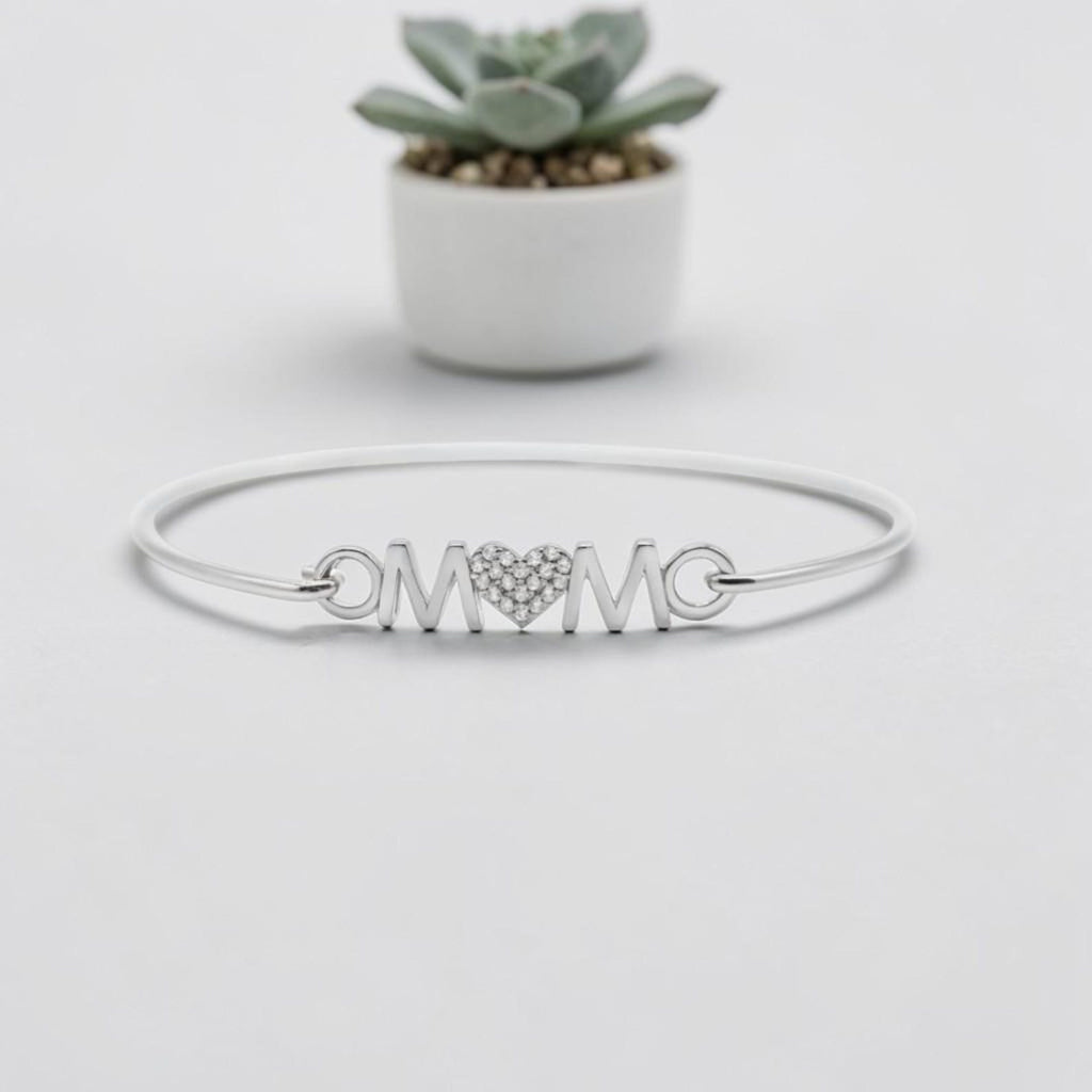 Mom Heart Bracelet, Sterling Silver or Rose Gold Bangle with Cubic Zirconia