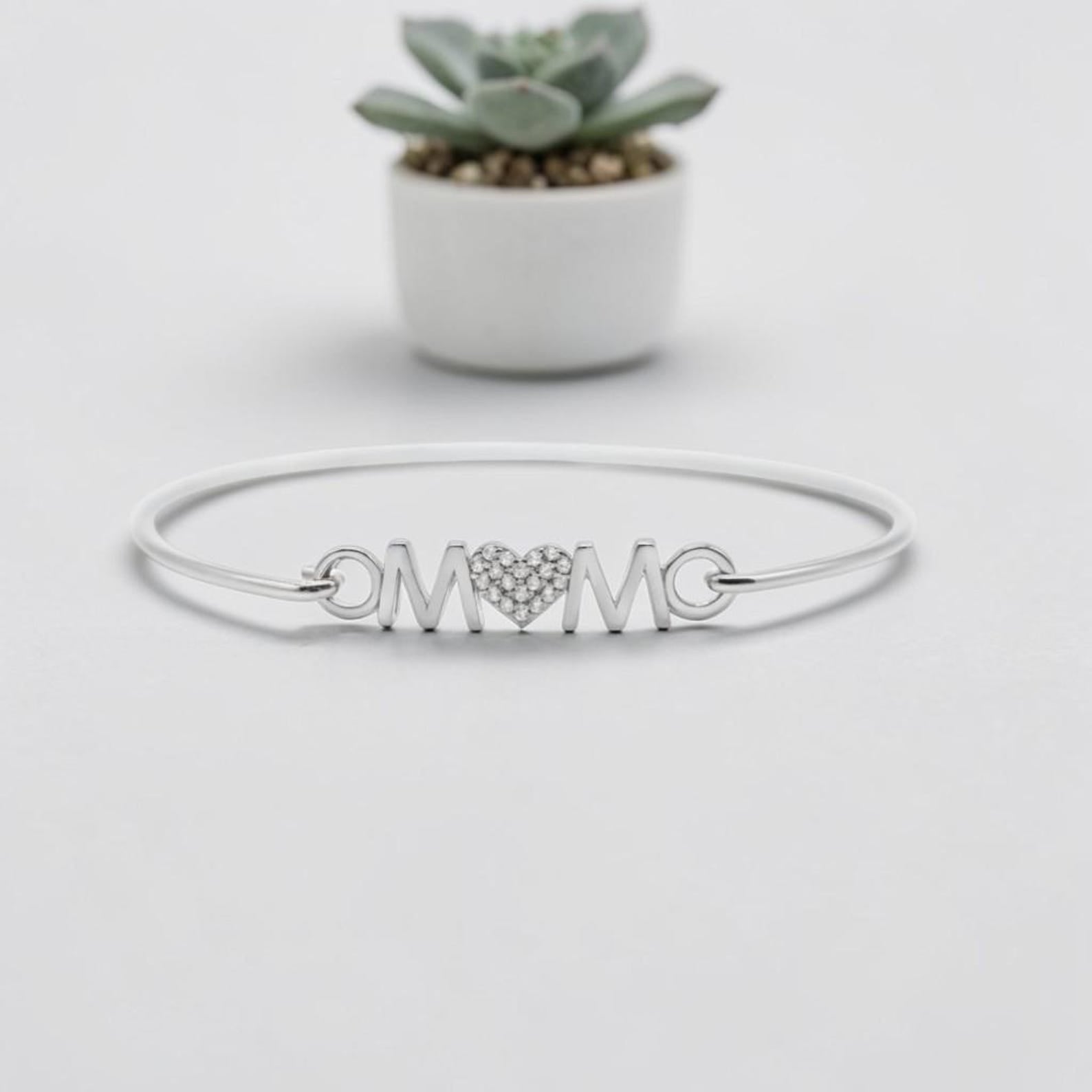 Mom Heart Bracelet, Sterling Silver or Rose Gold Bangle with Cubic Zirconia