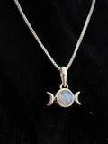 Triple Moon Necklace, Sterling Silver Pendant with Natural Gemstone