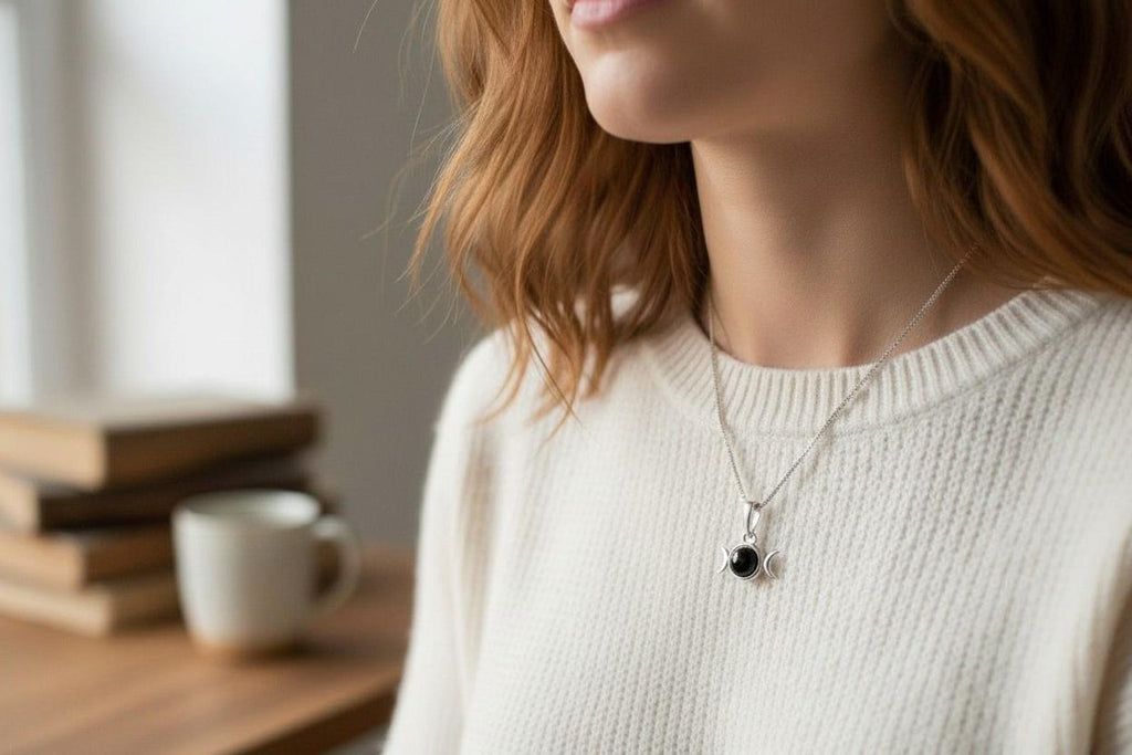 Triple Moon Necklace, Sterling Silver Pendant with Natural Gemstone
