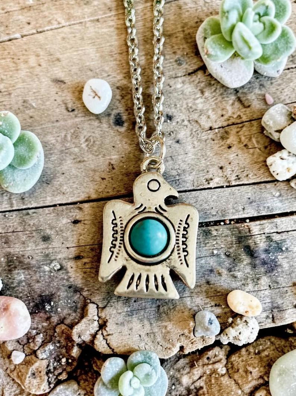 Turquoise Thunderbird Necklace, Adjustable Boho Pendant with Silver Chain