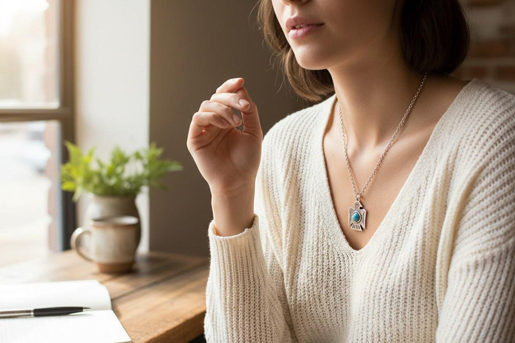Turquoise Thunderbird Necklace, Adjustable Boho Pendant with Silver Chain